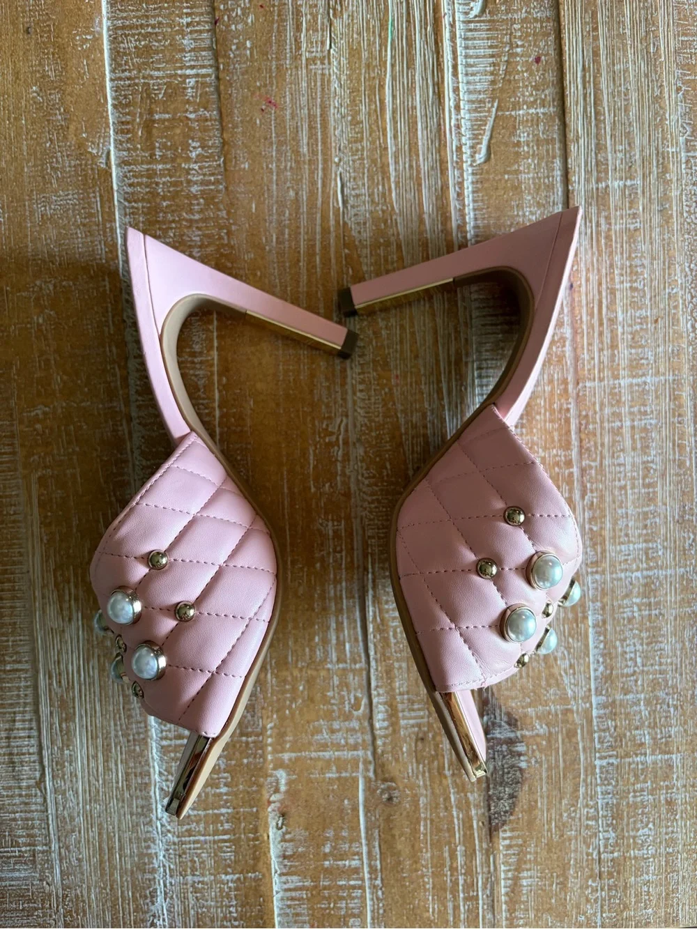 Karl Lagerfeld Amira Pink Pearl Quilted Mule Heels Size 9 Barbie Coquette
